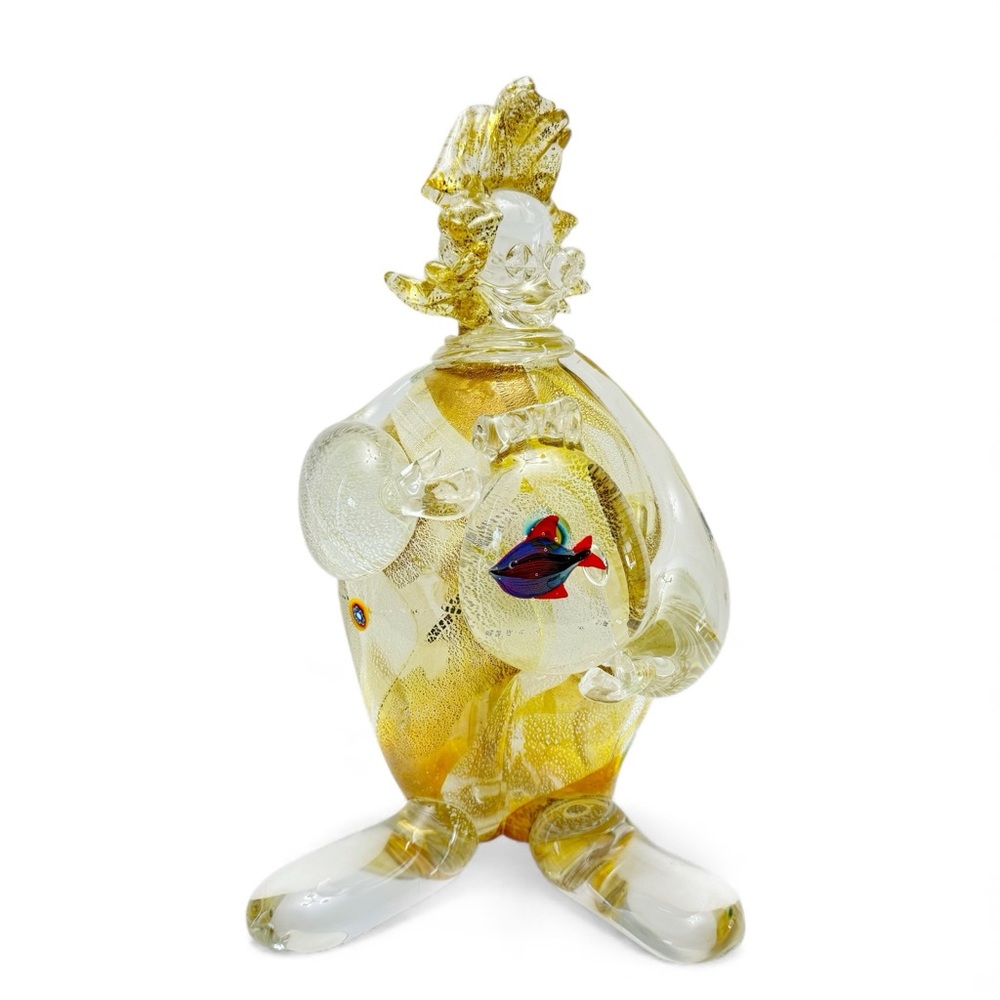 Glass Studio Murano Gold Fleck Avventurina Millefiori Clown with Fish Bowl 13”